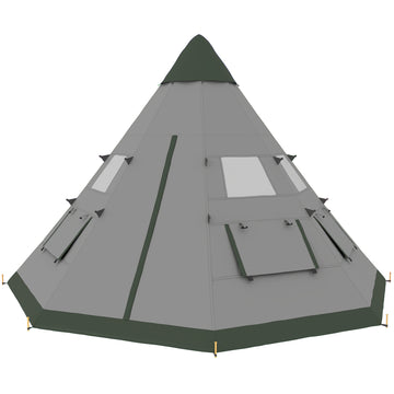 6 People Camping in a Family Teepee Tent with Mesh Windows, Tent Floor, Door and Carry Bag for Hiking, Picnic, Grey