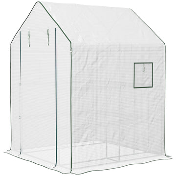Portable Greenhouse, Walk-In Small Outdoor Green House with 2 Tier U-Shaped Flower Rack Shelves, 4.6' x 4.7', White