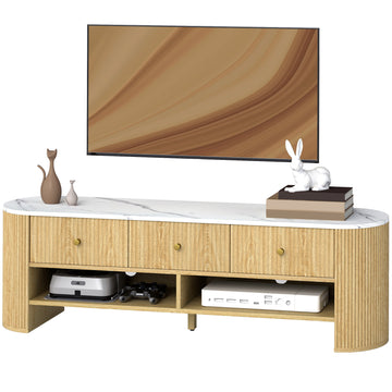 TV Stand, Modern TV Table with Marble-Effect Top, 3 Drawers and 2 Open Shelves for 32-65 Inch Television, Black