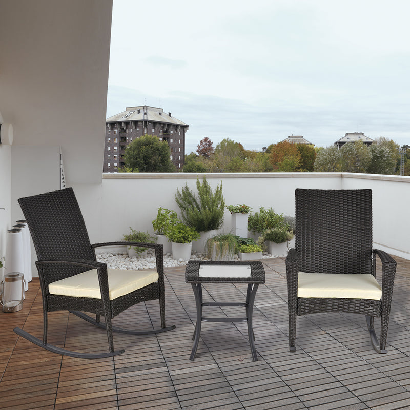 3 Pieces Patio Wicker Rocking Chair Set,  Outdoor PE Rattan Bistro Set Conversation Rocker Set with 2 Chairs 1 Coffee Table for Backyard, Deck, Poolside, Dark Grey