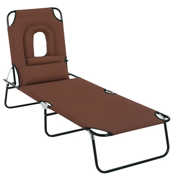 Adjustable Outdoor Lounge Chair, Garden Folding Chaise Lounge with Face Hole Reclining Tanning Chair Seat, Folding Camping Beach Lounging Bed w/ Support Pillow, Brown