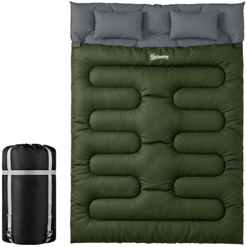 Double Sleeping Bag for Adults, Queen Size 2 Person Sleeping Bag with 2 Pillows, for Cold Weather & Warm, Green