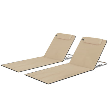 2 Pieces Beach Lounge Chair, Outdoor Folding Chaise Lounge Set w/ Pillow for Sunbath, Snap, Beige