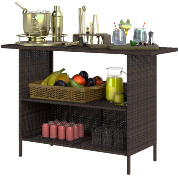 Wicker Outdoor Bar Table, PE Rattan Bar Height Patio Table with 2 Shelves, Steel Frame for Garden, Backyard, Dark Brown