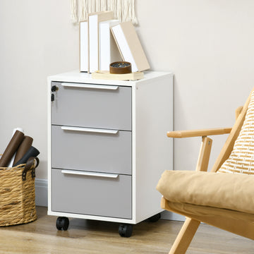 3 Drawer File Cabinet with Wheels, Vertical Filing Cabinet with Lock, Grey