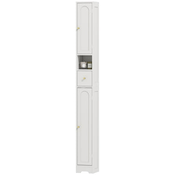 Tall Bathroom Cabinet, Modern Slim Bathroom Storage with Arched Doors, Drawer and Open Shelf, Narrow Storage, White