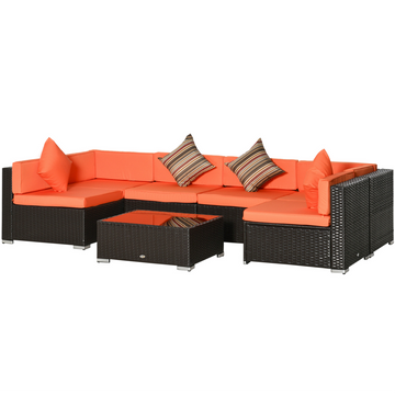 7 Pieces Patio Furniture Set, Rattan Conversation Set Garden Wicker Sofa Set with Washable Cushions and Coffee Table, for Deck Balcony Yard, Orange