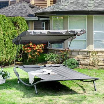 Double Patio Lounger with Adjustable Canopy, Outdoor Daybed Hammock Lounger with Headrest Pillows, Two Moving Wheels for Poolside, Garden, Grey
