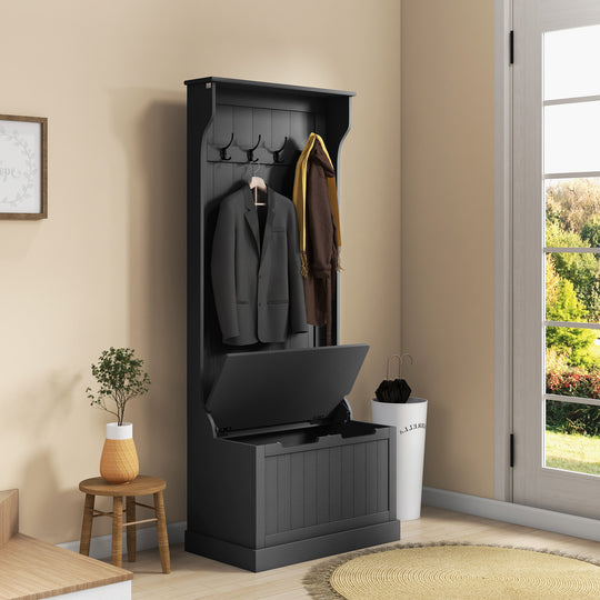 4-In-1 Hall Tree with Coat Rack, Top Shelf, Shoe Storage and Bench Seat, Entryway Bench with 4 Hooks, Black
