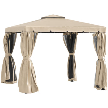 10' x 10' Deck Gazebo with Curtains & Mesh Screen Drapes, Double Roof Canopy Polyester Shade for Backyard Garden
