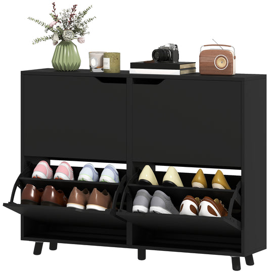Narrow Shoe Cabinet, Shoe Storage Cabinet with 4 Flip Drawers and Adjustable Shelves for 16 Pairs of Shoes, Black