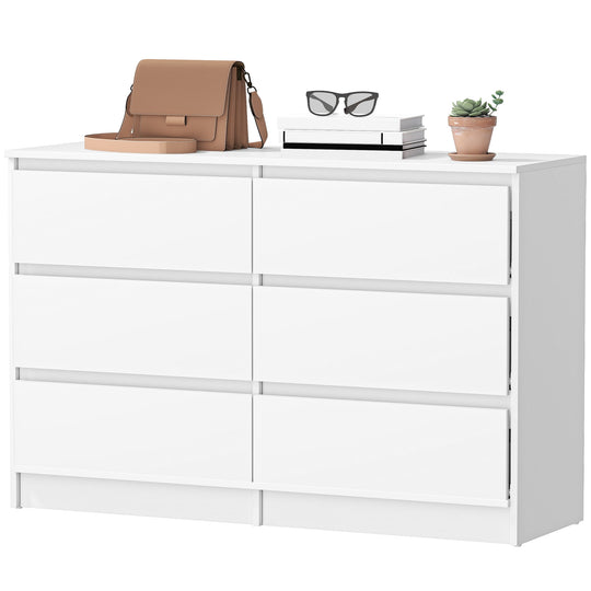 Wide Chest of Drawers, 6 Drawer Dresser for Bedroom, Living Room, Hallway, Modern Clothes Storage Organizer, White