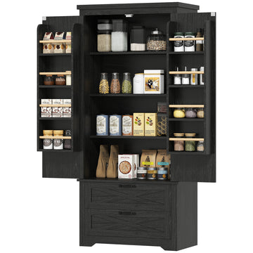 Garde-manger de cuisine style fermette, armoire autoportante de 64 po avec tiroirs, noir