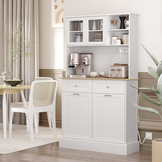 Kitchen Cabinet with Charging Station, 2 Tilt Out Cabinets, Microwave Stand, Freestanding Kitchen Pantry Cabinet, White