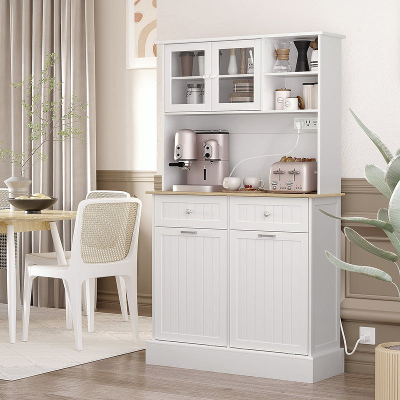 Kitchen Cabinet with Charging Station, 2 Tilt Out Cabinets, Microwave Stand, Freestanding Kitchen Pantry Cabinet