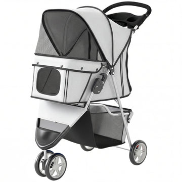 3 Wheels Foldable Dog Stroller with Storage Basket, Adjustable Canopy, Cupholder for Miniature and Small Dogs, Grey