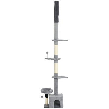 Floor to Ceiling Cat Tree, 4 Tiers Tall Kitty Climbing Tower with Scratching Post, Adjustable Height 87-100