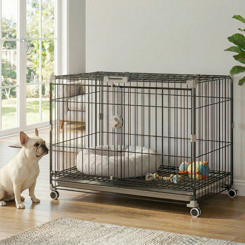 Foldable Dog Crate, 30 Inch Metal Dog Cage with Removable Tray, Lockable Wheels, 2 Doors for Small Medium Breeds, Black