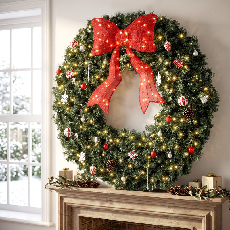 Artificial Xmas Wreath, 48 Inch Pre-Lit Christmas Wreath with 200 LED Lights, Lighted Bow and 31 Ornament Set, Green
