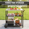 Outdoor Grill Cart with Stainless Steel Top, Three-Tier Pizza Oven Stand, BBQ Cart on Wheels, Black