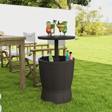 11 Gallon Patio Cooler Side Table, Outdoor Cooler Bar Table with Height Adjustable Top, Drainage Plug, Brown