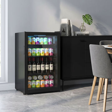 3.2 Cu.Ft Beverage Fridge, 128 Can Drink Fridge with Glass Door, Auto-Defrost and LED Light for Soda, Beer, Black
