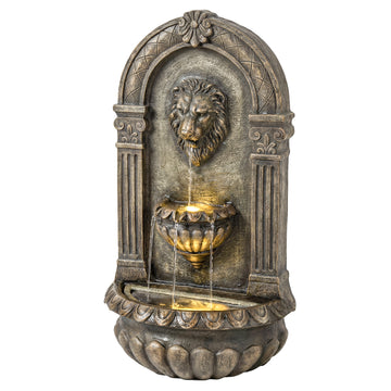 Wall-Mounted 3-Tier Outdoor Fountain, Resin Cascading Waterfall with LED Lights and Adjustable Flow, Rustic Brown