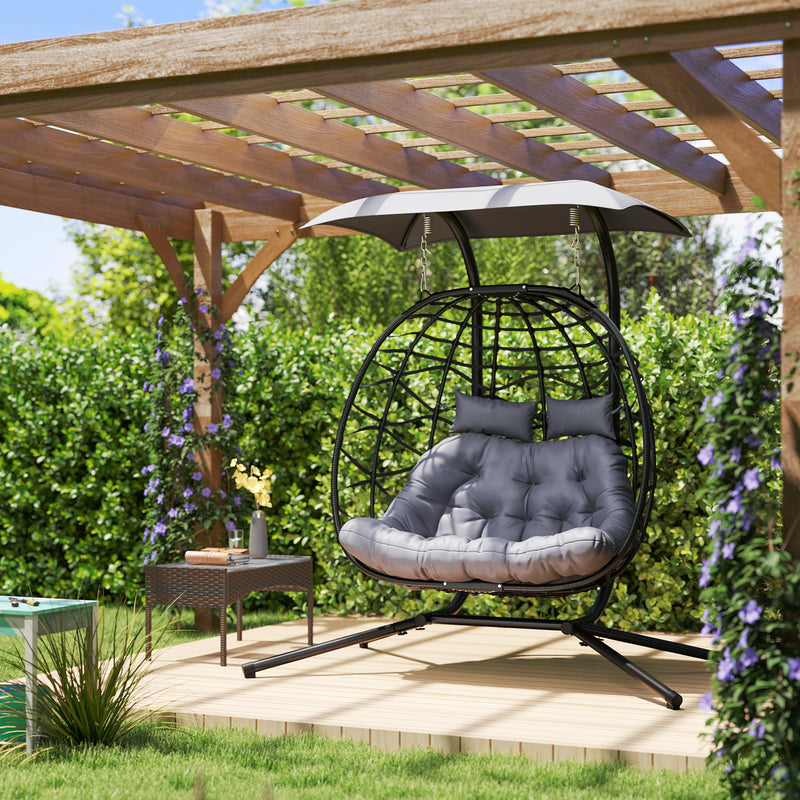 Double Wicker Egg Swing Chair with Canopy, Foldable Hanging Egg Chair with Stand Cushion Headrest