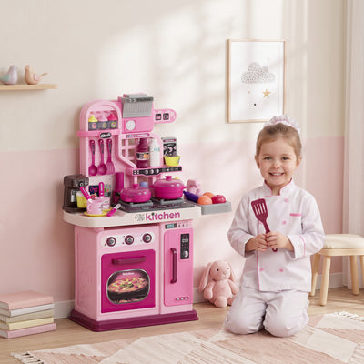 Qaba Kids Play Kitchen with Lights, Sounds, 33 Accessories & Storage for Toddler 3-6 Years