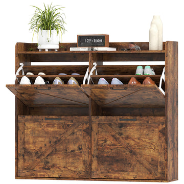 Narrow Shoe Storage Cabinet with 4 Flip Drawers, Adjustable Shelves, 16 Pair Farmhouse Shoe Cabinet, Rustic Brown