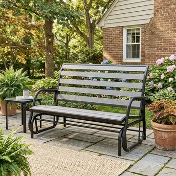 2 Person Outdoor Glider Bench, Patio Glider Loveseat with Faux Wood Slatted Seat and Back, Steel Frame, Grey