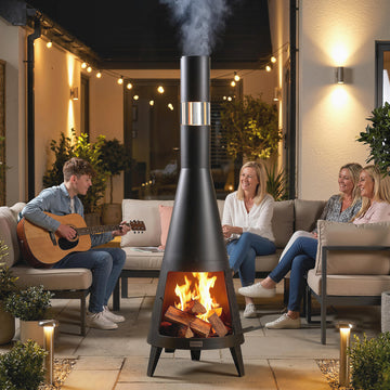 Wood Burning Firepit with Chimney, Outdoor Fire Pit with Poker, Mesh Screen, Black