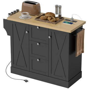 Îlot de cuisine style fermette avec prise de courant et portes à fermeture douce, 49 po avec 3 tiroirs, noir