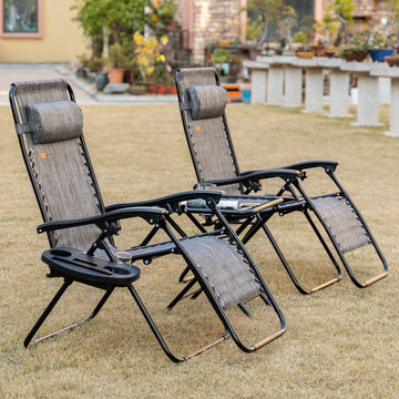 Zero Gravity Chair Set of 2 Patio Chair with Side Table Cupholders and Pillows for Pool, Backyard, Lawn, Beach, Grey