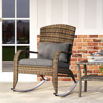 Adirondack Chair, Outdoor Wicker Rocking Chair with High Back, Seat Cushion and Pillow for Porch, Balcony, Grey/Yellow
