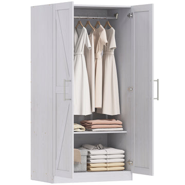 Wardrobe Cabinet with Hanging Rod, Anti-Tipping and 2 Barn Doors, Farmhouse Wardrobe Closet for Bedroom