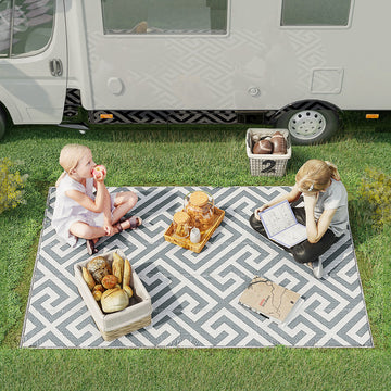 Reversible Outdoor RV Rug, Patio Floor Mat, 5' x 8' Plastic Straw Rug for Backyard, Deck, Beach, Camping, Grey & White