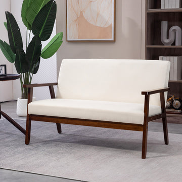 Compact Loveseat Sofa Couch Linen Fabric Double Seat Sofa with Rubber Wood Legs, Cream White