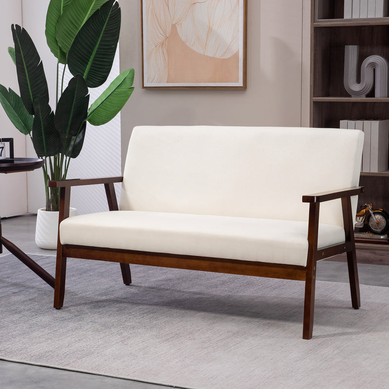 Compact Loveseat Sofa Couch Linen Fabric Double Seat Sofa with Rubber Wood Legs, Cream White