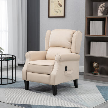 Fauteuil inclinable de massage pour salon, fauteuil inclinable à dossier poussé, fauteuil inclinable à oreilles en suède avec repose-pieds extensible, pieds en bois, télécommande, poches latérales, beige