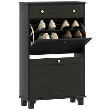 Slim Shoe Storage with 2 Flip Drawers and Adjustable Shelves Shoe Cabinet Organizer for 8 Pair, Black
