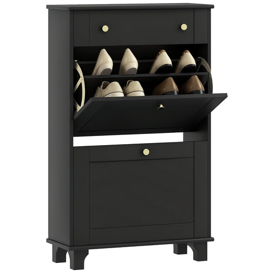 Slim Shoe Storage with 2 Flip Drawers and Adjustable Shelves Shoe Cabinet Organizer for 8 Pair, Black