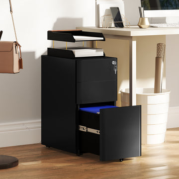 3 Drawer Filing Cabinet, Lockable Steel Office Storage Cabinet with Hanging Bar for Letter, A4, Legal Files, Black