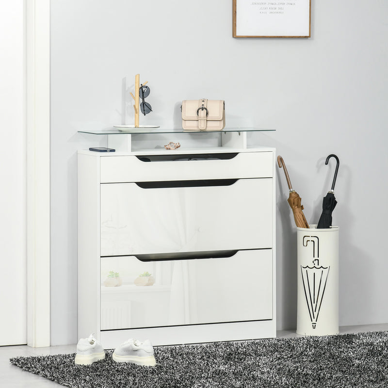 High Gloss Shoe Cabinet with 2 Flip Drawers and Adjustable Shelves, Narrow Shoe Storage Cabinet with Glass Top, Black