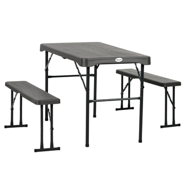 Folding Picnic Table with 2 Benches, 3-Piece Portable Outdoor Picnic Table Bench Set for 4, Patio Dining Table Set with Plastic Top, Steel Frame for Garden, Dark Grey