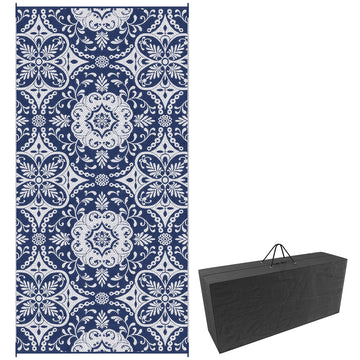 Portable Outdoor Rug with Carry Bag, 9' x 18' Reversible Mat, Waterproof Plastic Straw RV Rug for Backyard, Deck, Picnic, Beach, Camping, Blue & White Flower