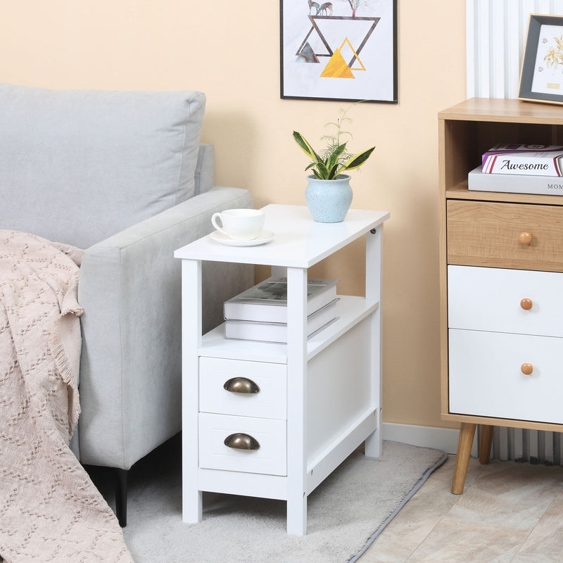 Slim End Table with 2 Drawers and Storage Shelf, Sofa Side Table for Living Room, Narrow Nightstand, White