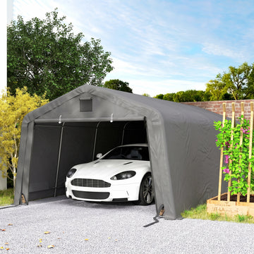 12' x 20' Portable Garage, Heavy Duty Carport Canopy with Ventilation Windows and Large Roll-up Door, Light Grey