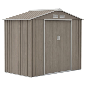 7' x 4' x 6' Garden Storage Shed Outdoor Patio Metal Tool Storage House w/ Foundation Kit and Double Doors, Distressed Light Brown
