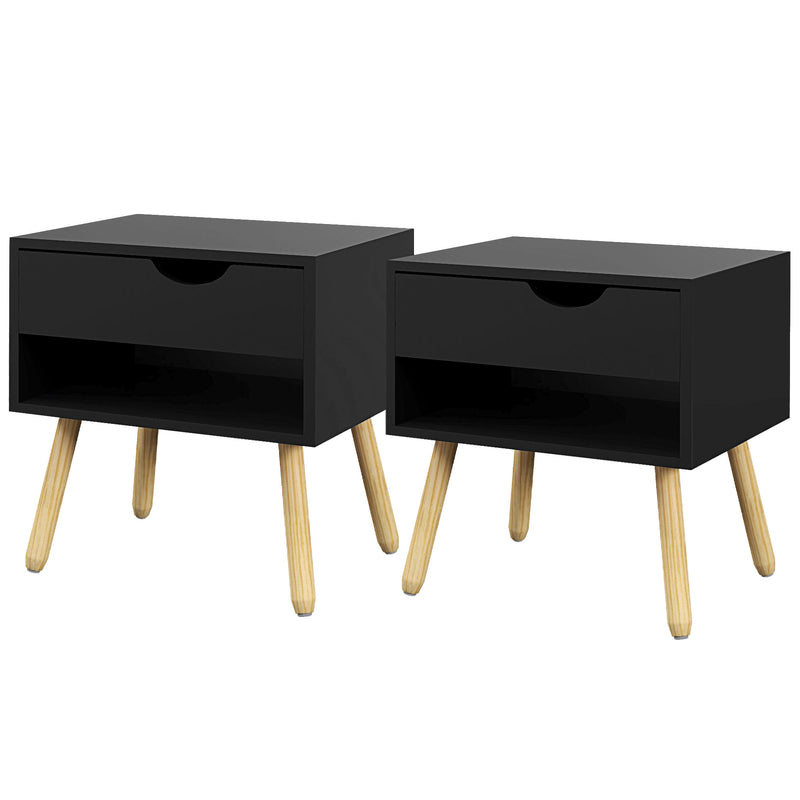 Set of 2 Bedside Table with Drawer and Shelf, Modern Nightstand with Wooden Legs, End Table for Bedroom, White